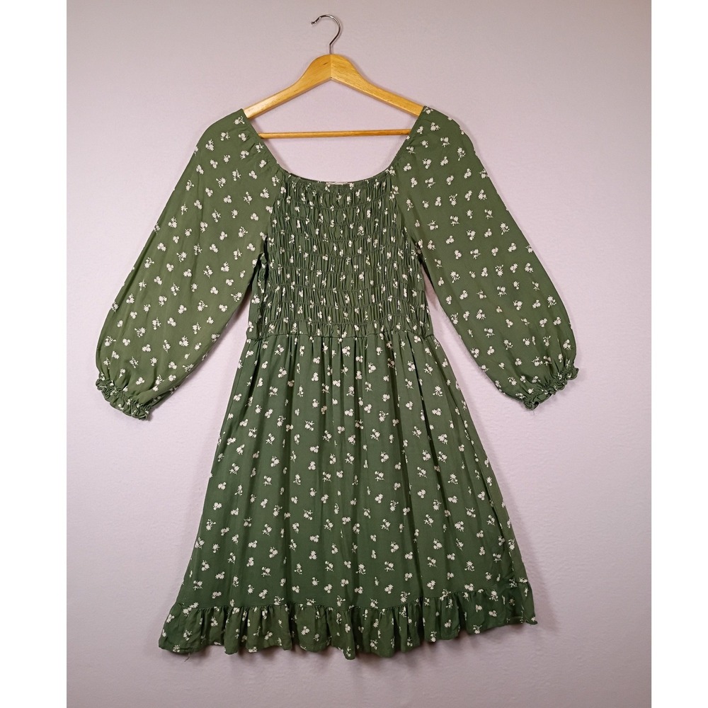 Cottagecore Social Academy Women 16 Green Floral Smocked Ruffle Mini Dress